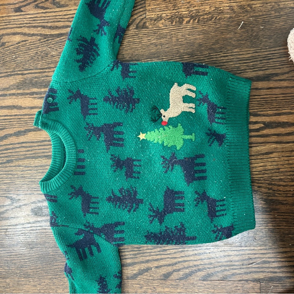 Green Holiday Sweater with Reindeer and Tree Design